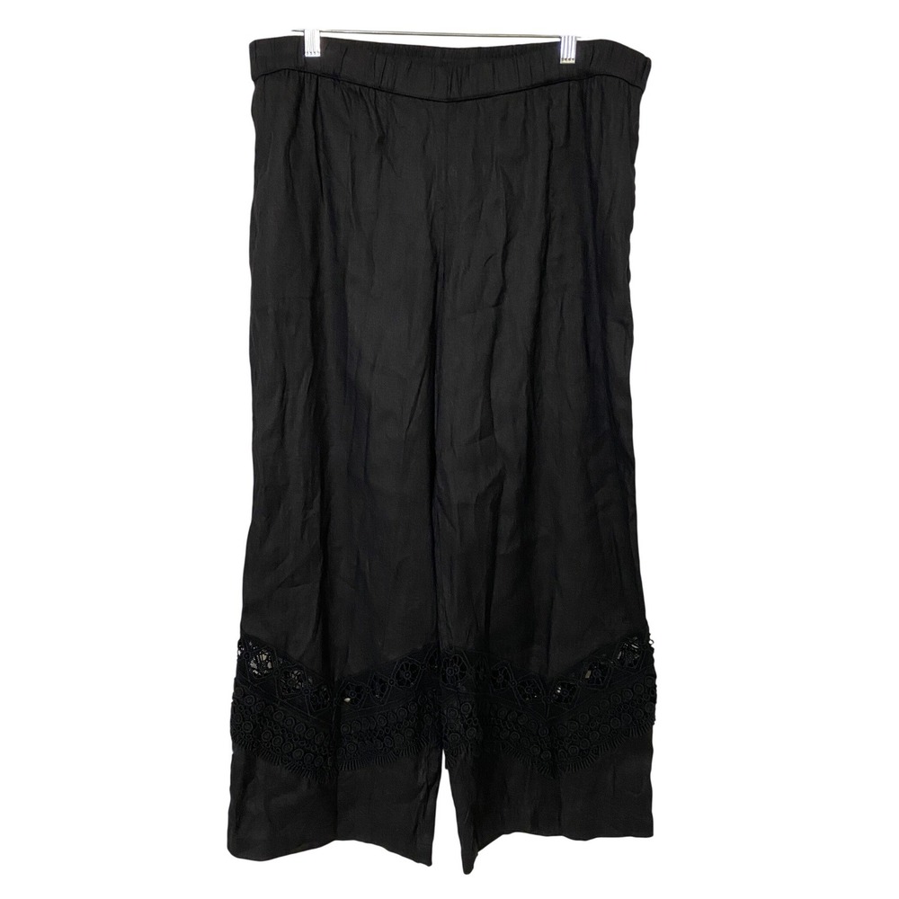 Susan Graver Black Wide Leg Cropped Pants Lace Trim Elastic Waist Women's 16 EUC - Picture 9 of 15